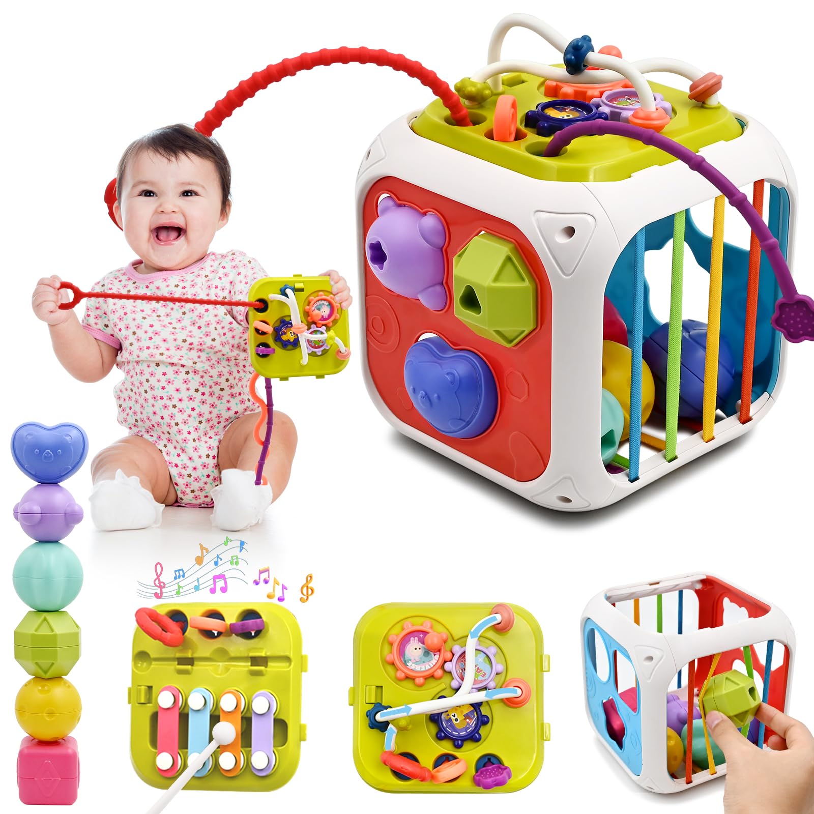 AiTuiTui Multifunction Baby Sensory Montessori Activity Cube Toys, Shape Sorter Early Learning Educational Interactive Toys for Infant Toddlers Boy Girl, Birthday Gifts Christmas Stocking Stuffers