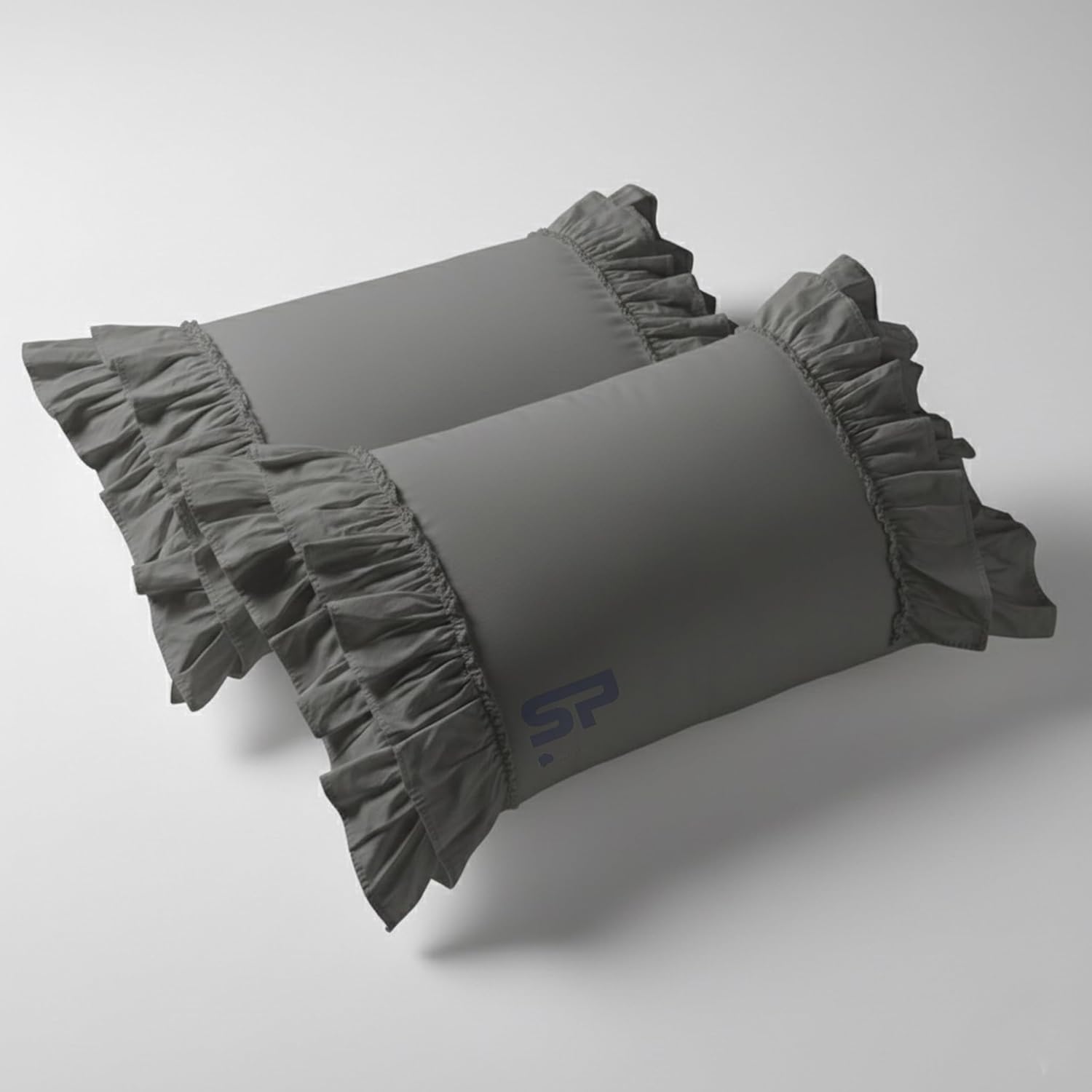 100% Egyptian Cotton Queen Pillow Shams Set of 2, with Zipper Closure 20x30 Pillowcases, Double Layer Decorative Ruffle Pillowcovers (Dark Grey)