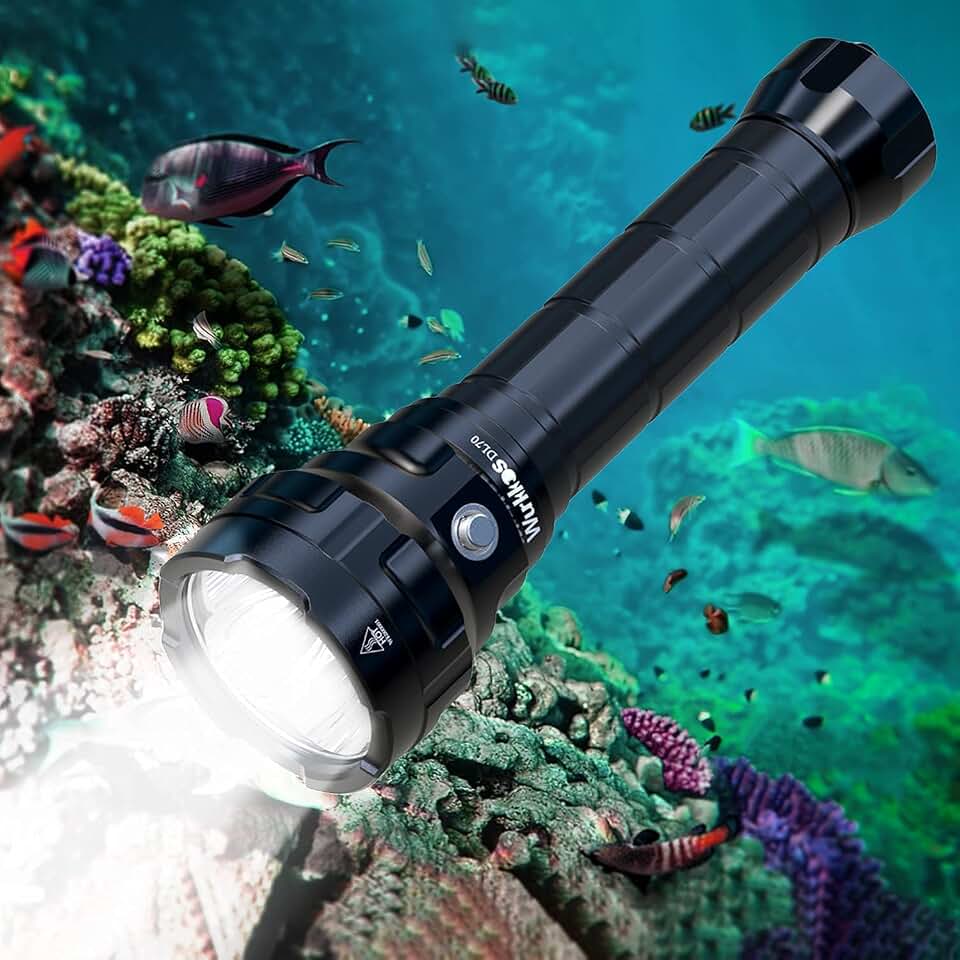 Wurkkos Lanterna de mergulho DL70 com luz de mergulho – 13000 lm, lanterna de mergulho superbrilhante, 150 m, IPX8, lanterna submarina de LED, lanterna subaquática para mergulho, 4 modos para
