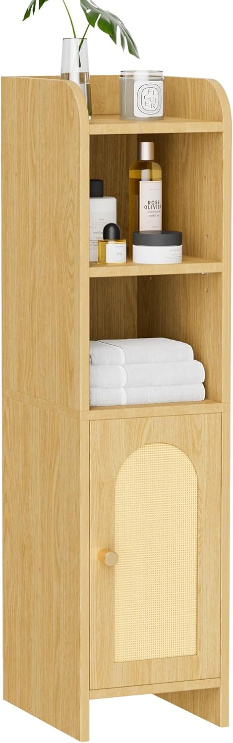 Homhedy Rattan Small Bathroom Cabinet with Door, Narrow Toilet Paper Storage Cabinet, Skinny Corner Floor Cabinet with Adjustable Shelves, for Bathroom, Small Spaces, 9.8" D x 7.9" W x 31" H, Natural