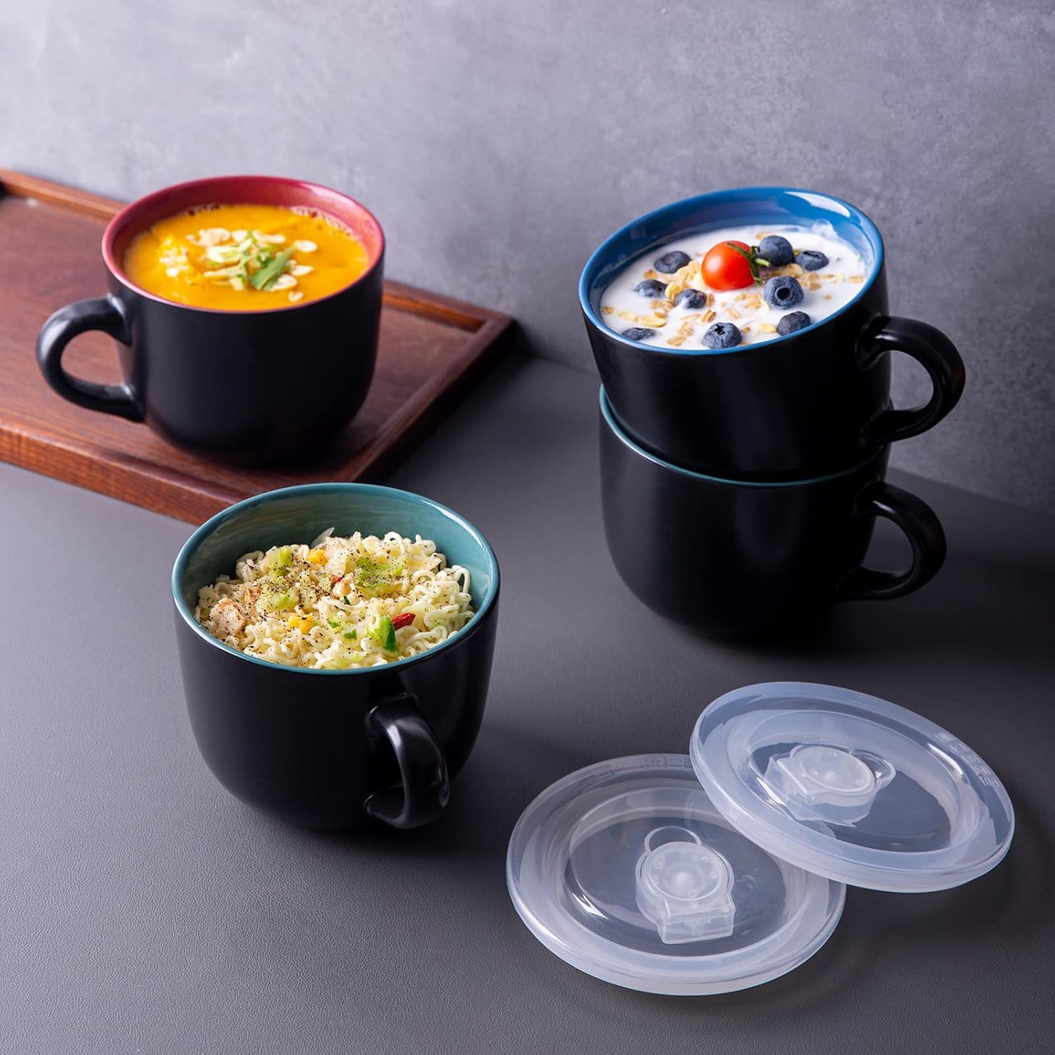 GBhome Ceramic Soup Mugs with Lid, 24 oz Soup Cups with Hanlde for Coffee,Cereal,Salad,Noodles,Tea,Soup Bowls Cups,Microwave &Dishwasher Safe, Set of 4, Blue ith Vented lid