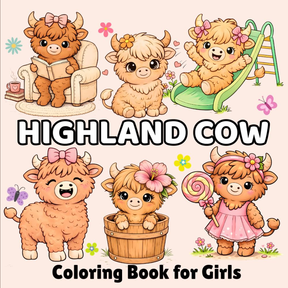 Highland Cow Coloring Book for Girls: Cute, Bold and Easy Pages with Adorable Characters and Happy Scenes (Cute and Simple Coloring Books for Kids)