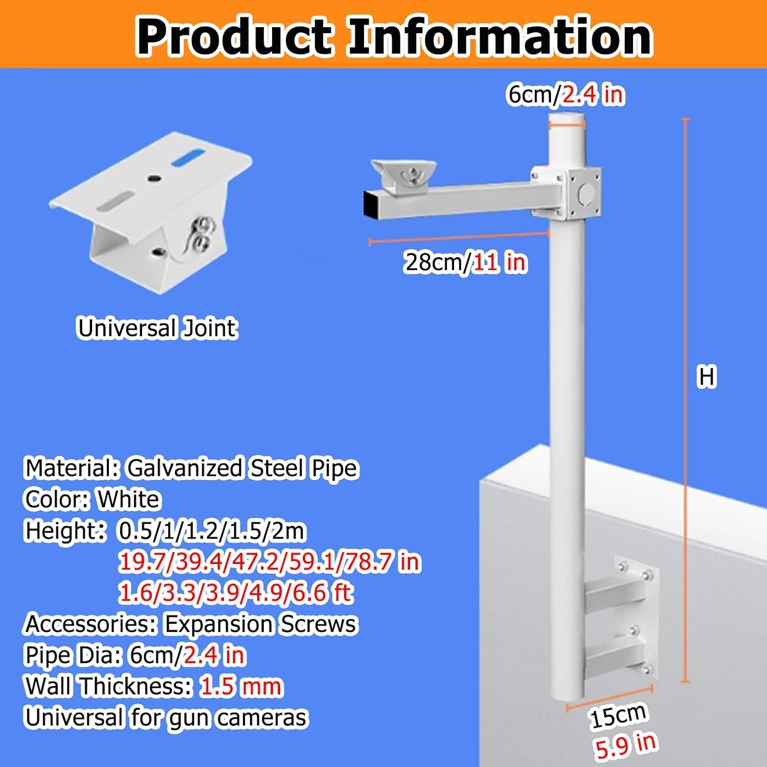 Universal White Security Camera Pole Stand Kit - Adjustable 3.9ft-10ft Mount Bracket, Durable 2.4in Galvanized Steel, Easy Installation for Surveillance Cameras