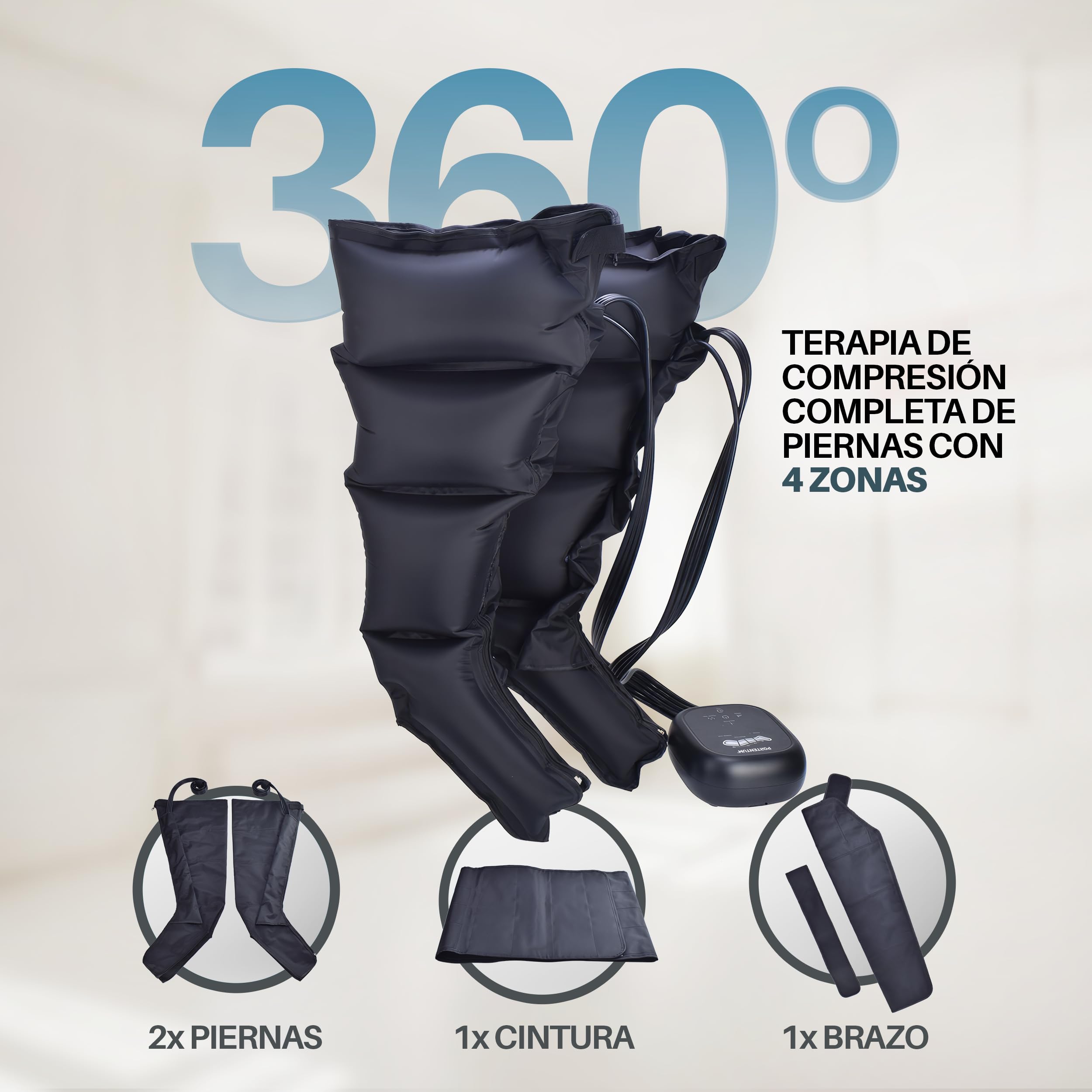 PORTENTUM Presoterapia para casa con batería – Masajeador piernas y abdomen con 8 modos y 3 intensidades – Mando con pantalla LCD – USB-C – Accesorios para brazo y cintura – Bolsa de transporte