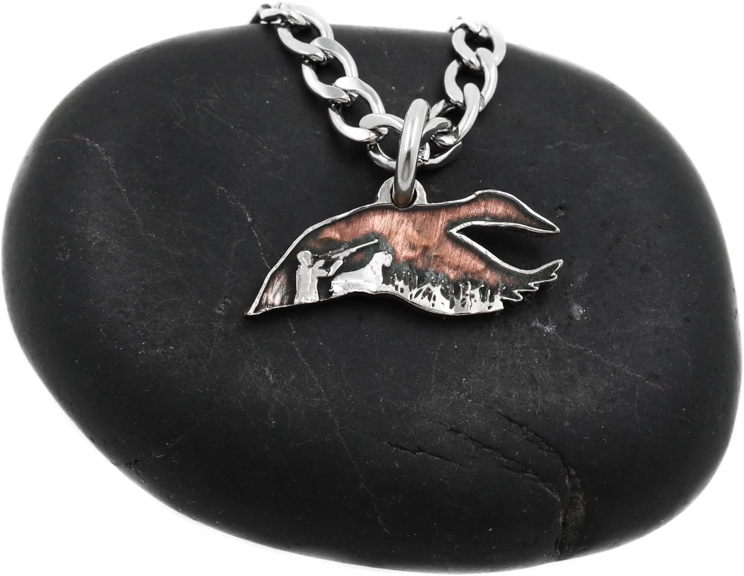 Goose Hunter Necklace, Boy/Girl and Dog Hunting, Artistic Silhouette Cut on Coin, Hunting Jewelry, Gifts for Her, Hand Cut Coin