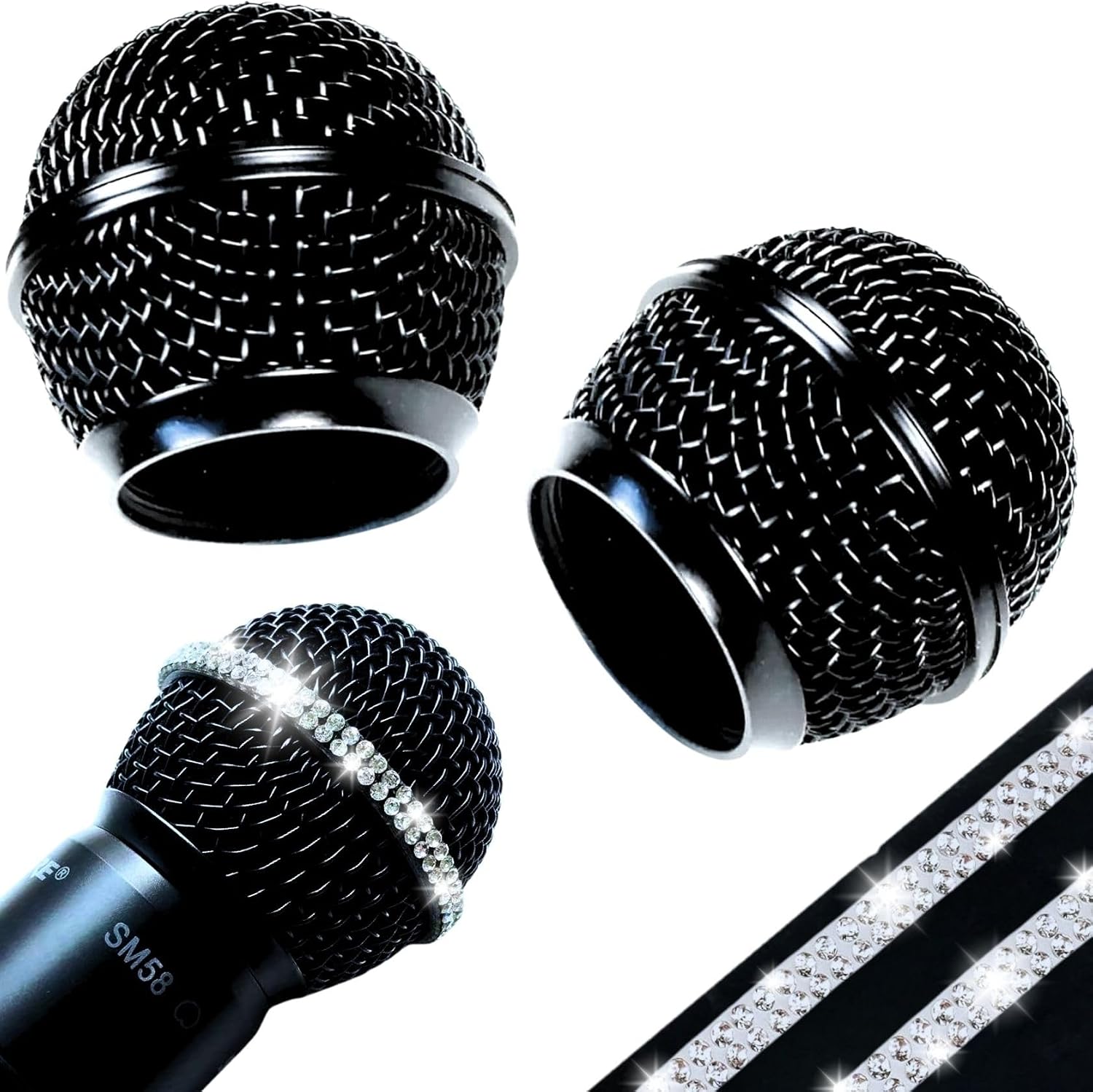 Black Mic Cover with Crystal Band for SM58/Beta58 Sparkle, 2 Pack