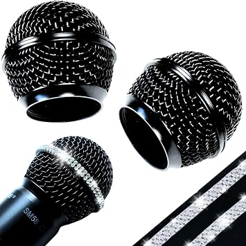 Mic Black Grille with Bling Microphone Decorative Band Crystal for Shuer SM58 Beta 58A RK143G Wireless Wired Mics Cover Replacement, 2 Pack