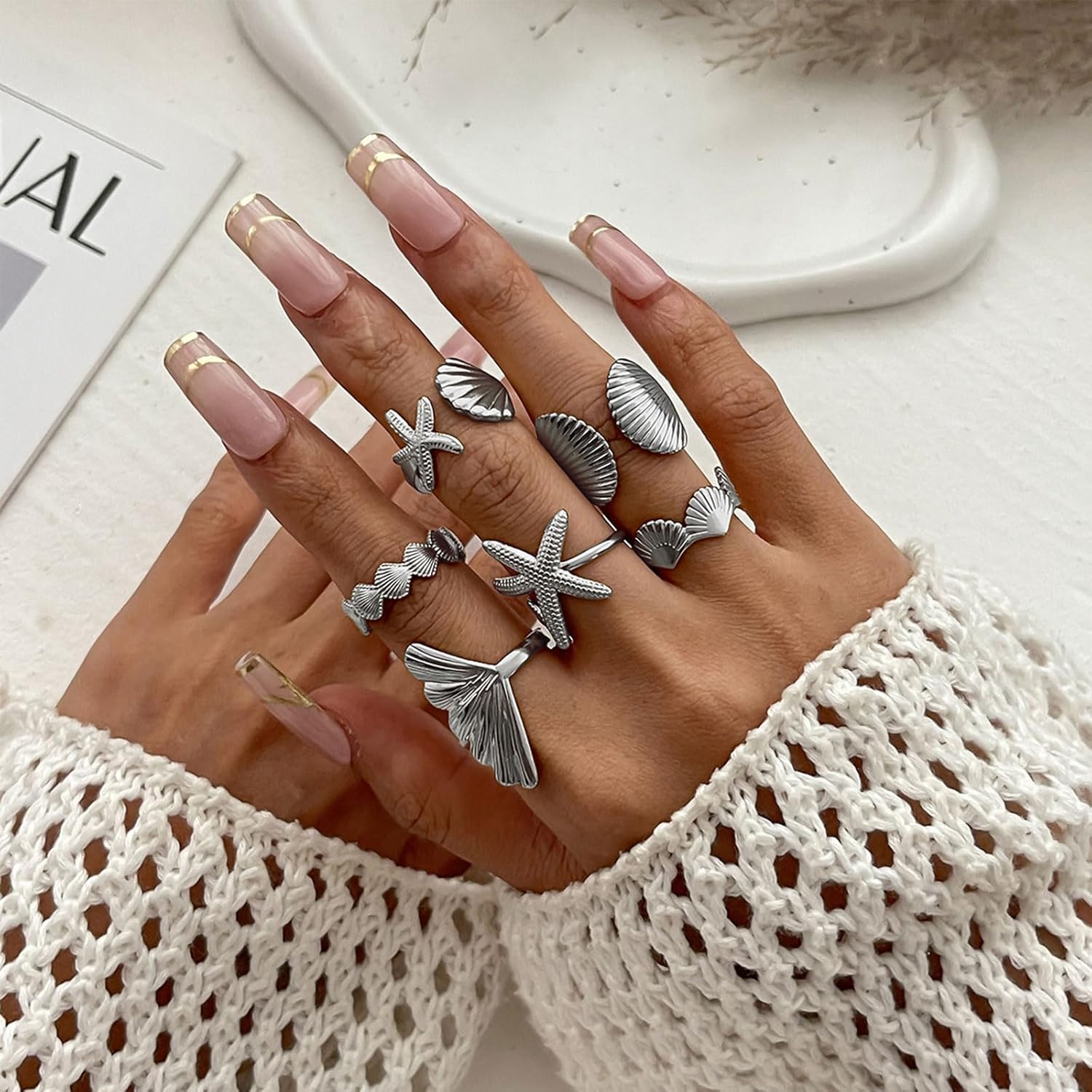 Gold Starfish Shell Rings Set for Women Boho Statement Seashell Rings Adjustable Summer Beach Ocean Jewelry Gifts - Image 2