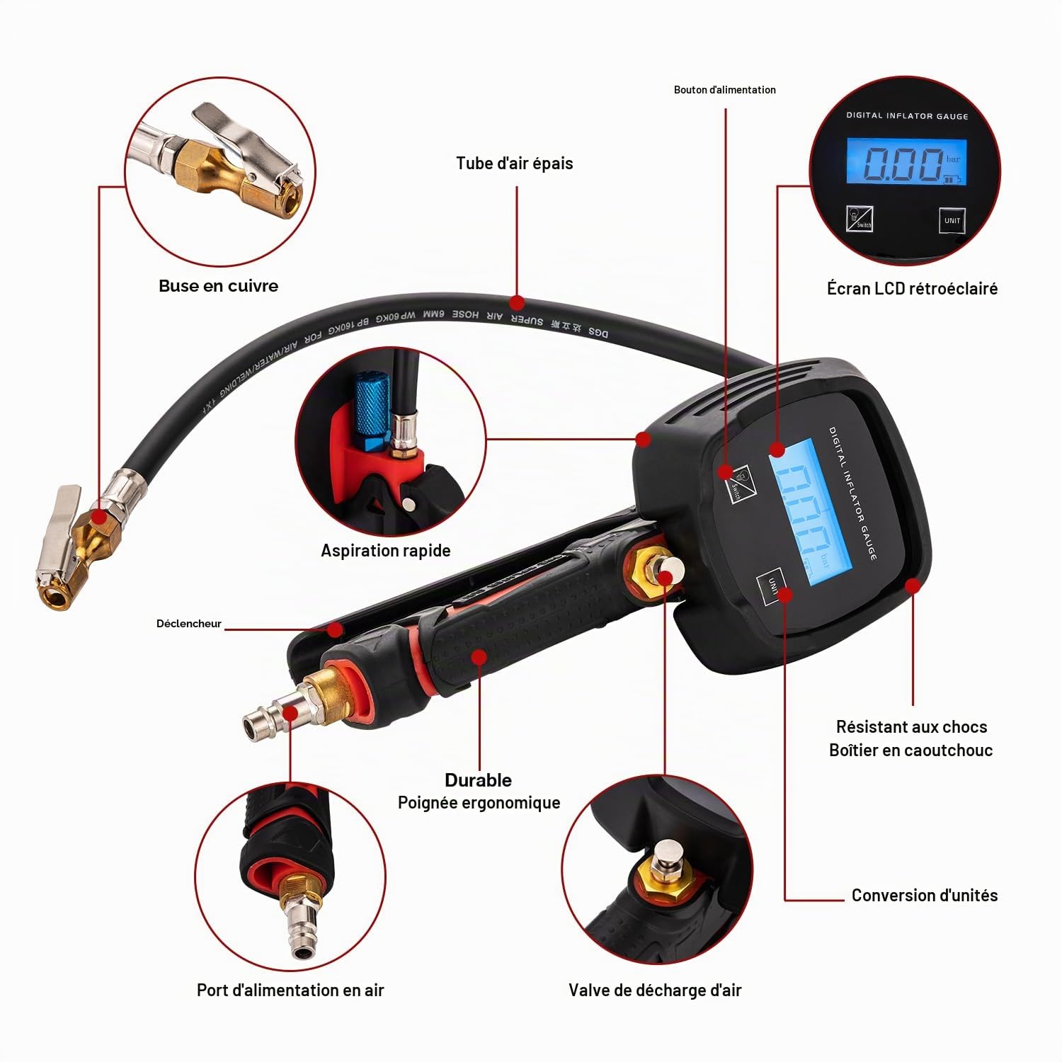 ORAZIO 4 en 1 Manometre Pression Pneu Gonfleur Pneu Numérique 230 PSI avec Écran LCD, Accessoire Compresseur à Air Outil de Pneu pour Véhicules Robuste Voiture Moto Vélo