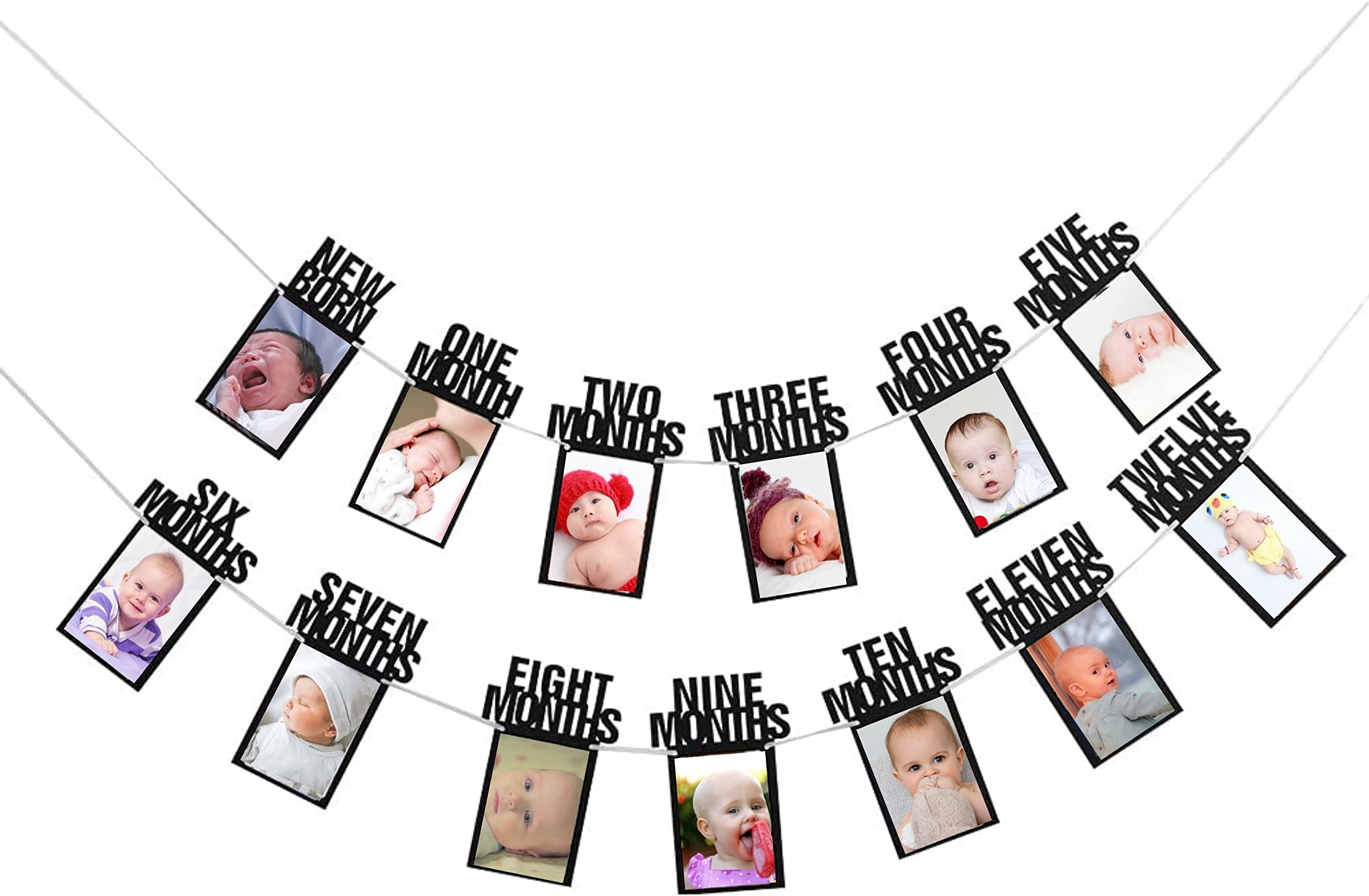 Party with Emma 1st Birthday Photo Banner for Baby from Newborn to 12 Months First Birthday Decorations Boy or Girl Monthly Milestones Garland First Birthday Photo Banner Pre strung with Frame (Black)
