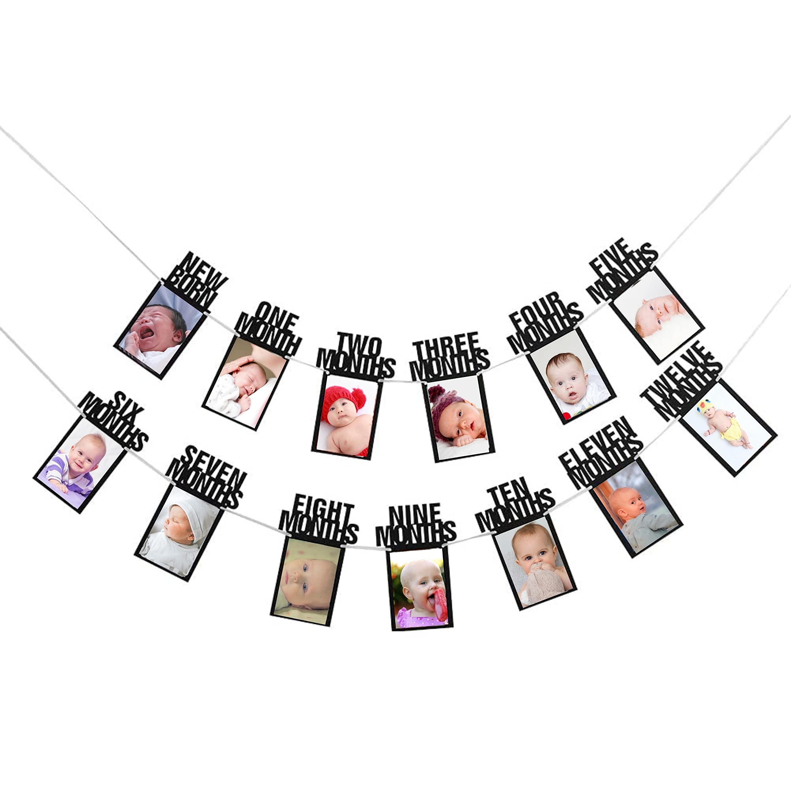 Party with Emma 1st Birthday Photo Banner for Baby from Newborn to 12 Months First Birthday Decorations Boy or Girl Monthly Milestones Garland First Birthday Photo Banner Pre strung with Frame (Black)