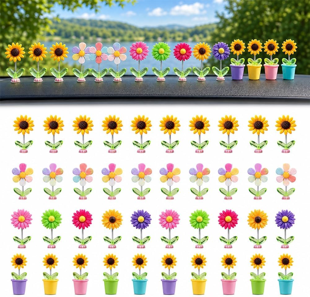 Spring Wobbly Flower Car Dashboard Ornament Interior Decor, 20PCS Mini Sunflower Bobble Head Figurine, Multicolor Dancing Flowers, Automotive Vehicle Trim Decorations Accessories Set(40PCS SET)