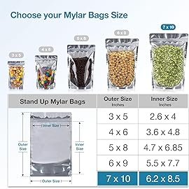 BELLE KR 7x10 Quart Mylar Bags for Food Storage - Pack Of 300-7.5mil Thick - Gusseted Bottom - Clear Mylar Bags with See Through Window for Freeze Drying food - Labels Included