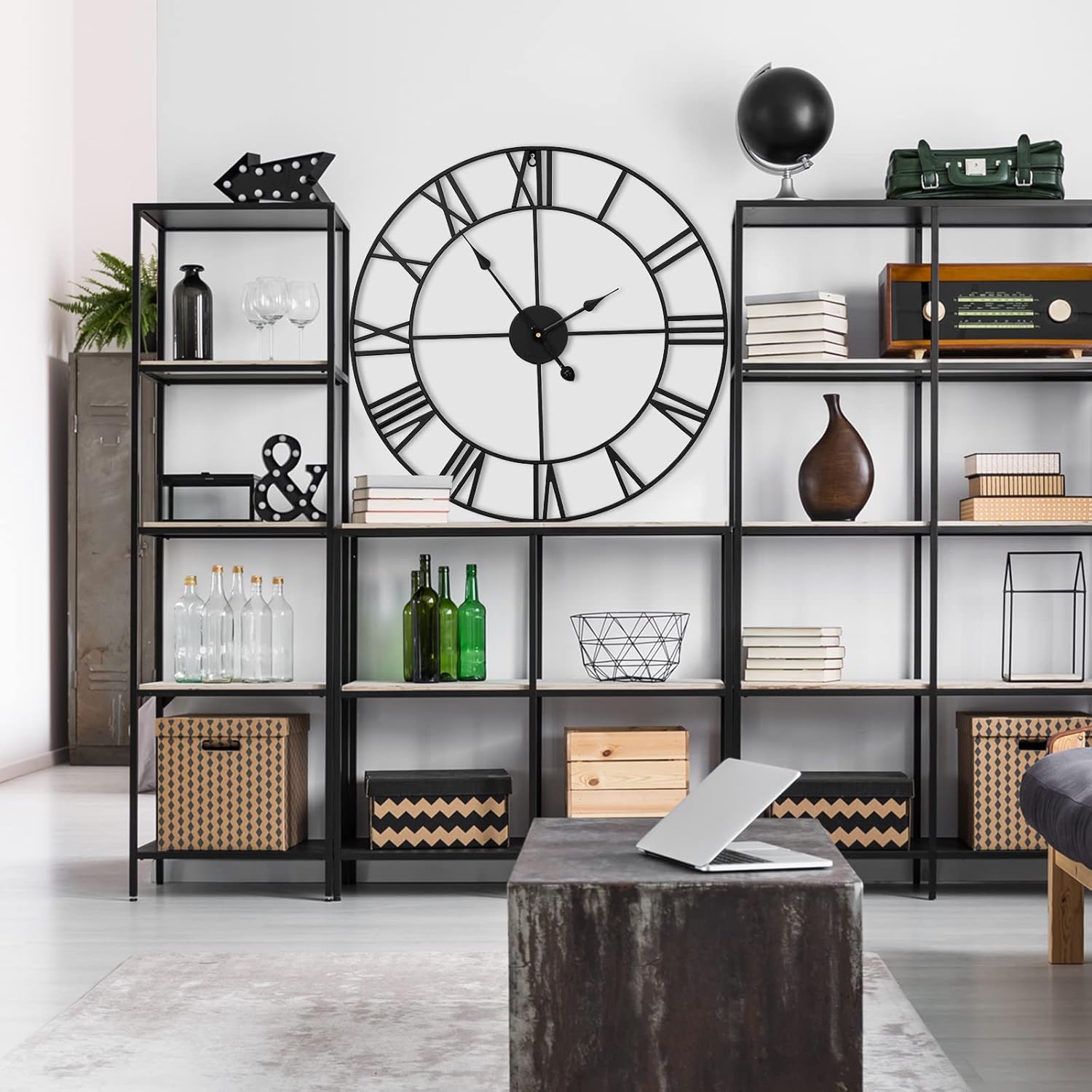 Large Wall Clock Modern Metal Rustic Round Clock Industrial Wall Clock Retro Roman Numeral Silent Little Ticking Battery Operated Vintage Decorative Clock for Living Room Kitchen Bedroom(20 Inch)