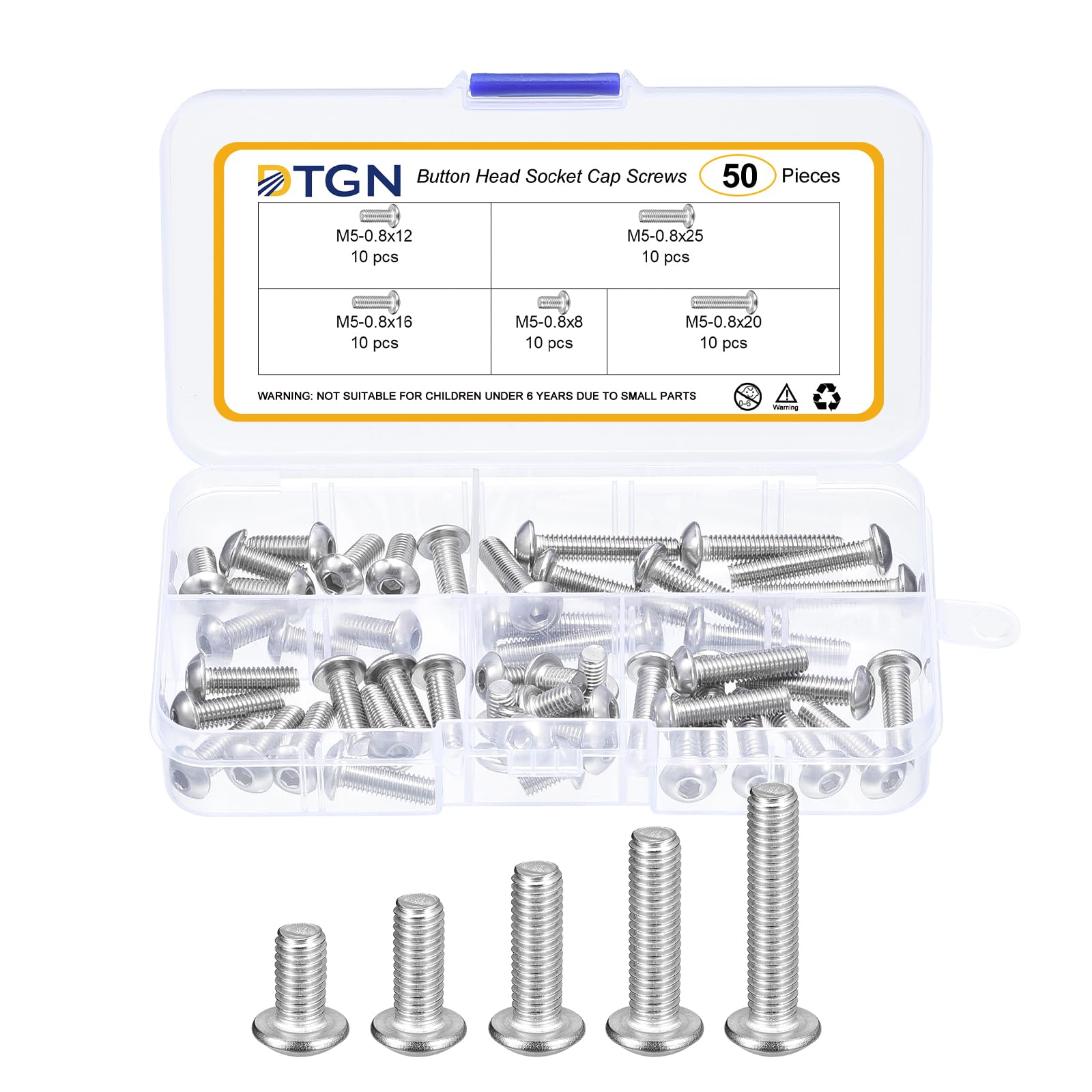 DTGN 50Pcs M5-0.8x8/12/16/20/25mm Button Head Socket Cap Screws, 304 Stainless Steel Bolt Nut Set Washer Assortment Kit