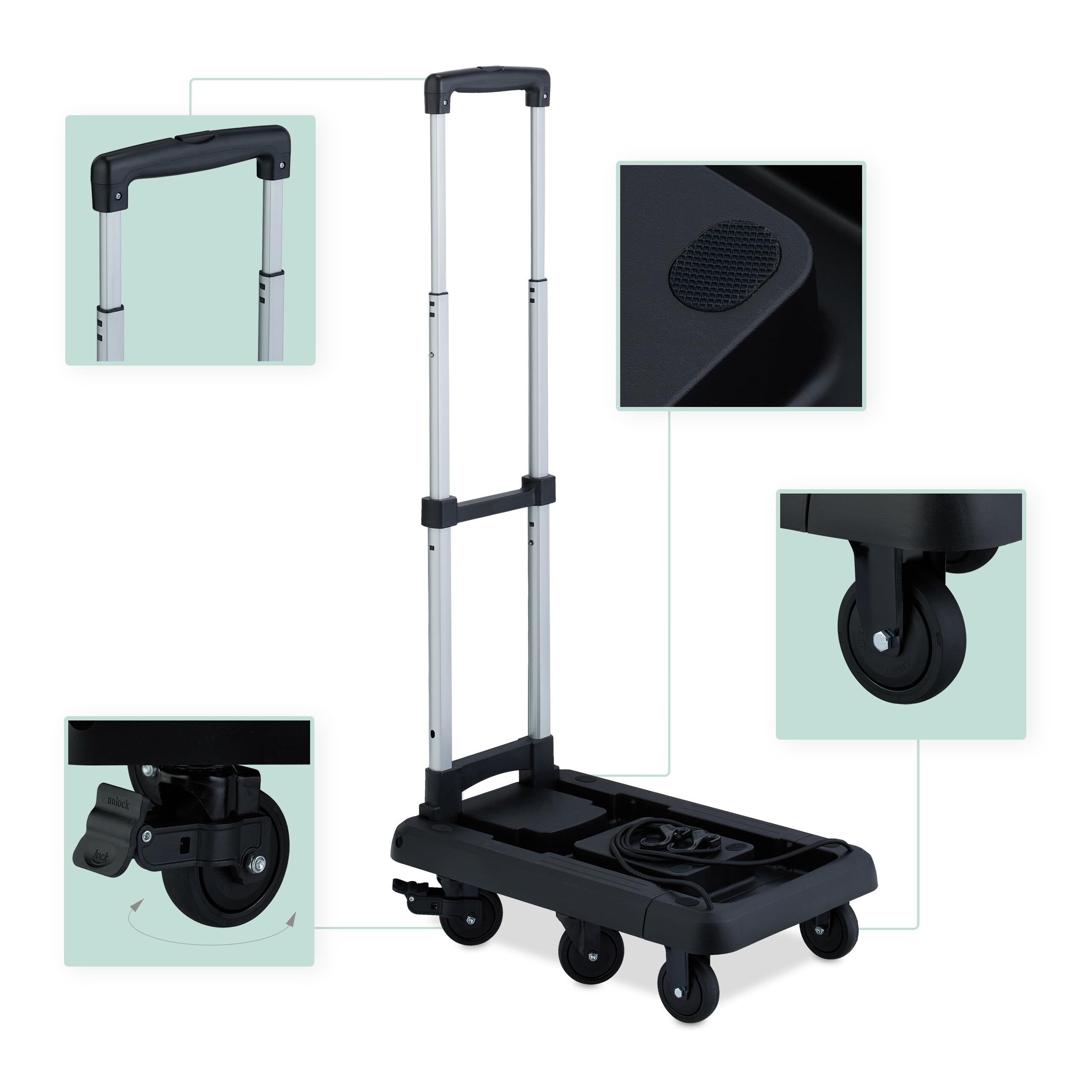 Relaxdays Chariot de Transport Pliable, Extensible, poignée télescopique, 4 roulettes, 2 Roues Frein, Max 100 kg, Noir