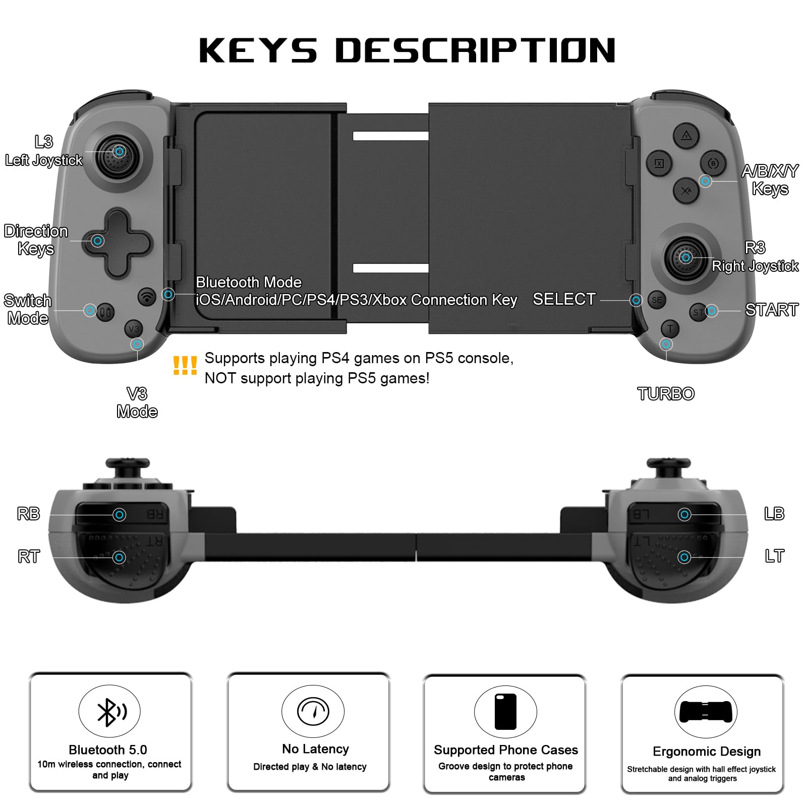 arVin Controlador de juegos móvil para iPhone, Android con soporte para funda de teléfono, gamepad inalámbrico para iPhone/iPad/Samsung/Tablet/Switch/PS4/PC - Juega Xbox Cloud Gaming/PS Remote Play