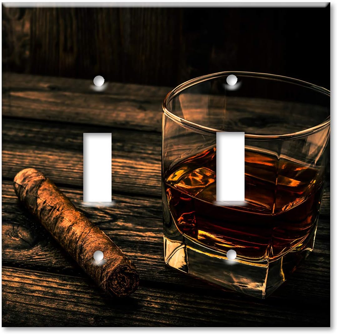 Art Plates 2 Gang Toggle Decorative Metal Wall Plate - Cigar and Whiskey - (Made in USA)