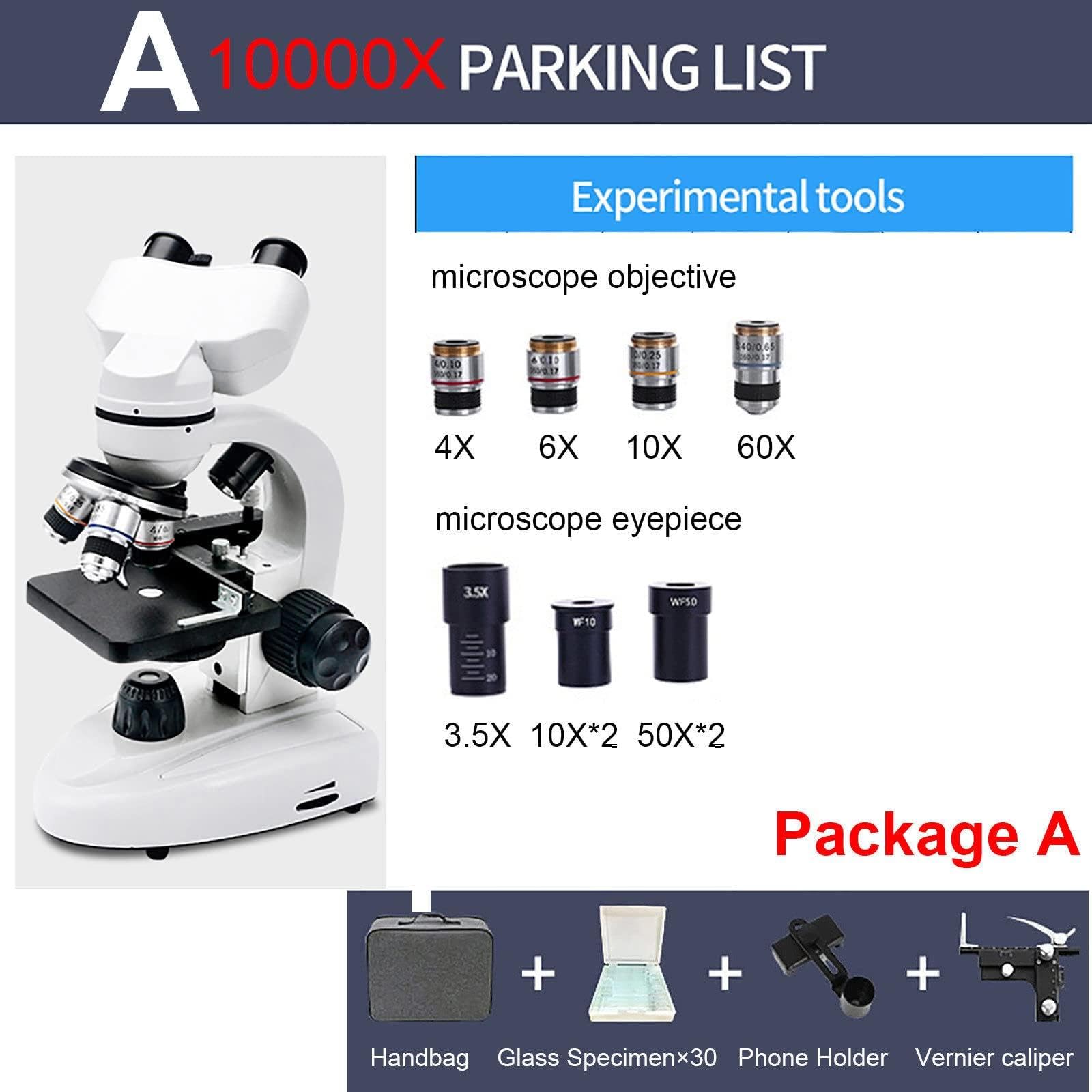 10000x Binocular Mikroskop Optyczny, Podwójny Oświetlenie LED + Uchwyt Telefonu, Obiektywy Obiektywne (4x, 6x, 10x, 60x) + Okular (3,5x, 2pcs10x, 2pcs50x), Dla Szkoły Laboratoryjnej