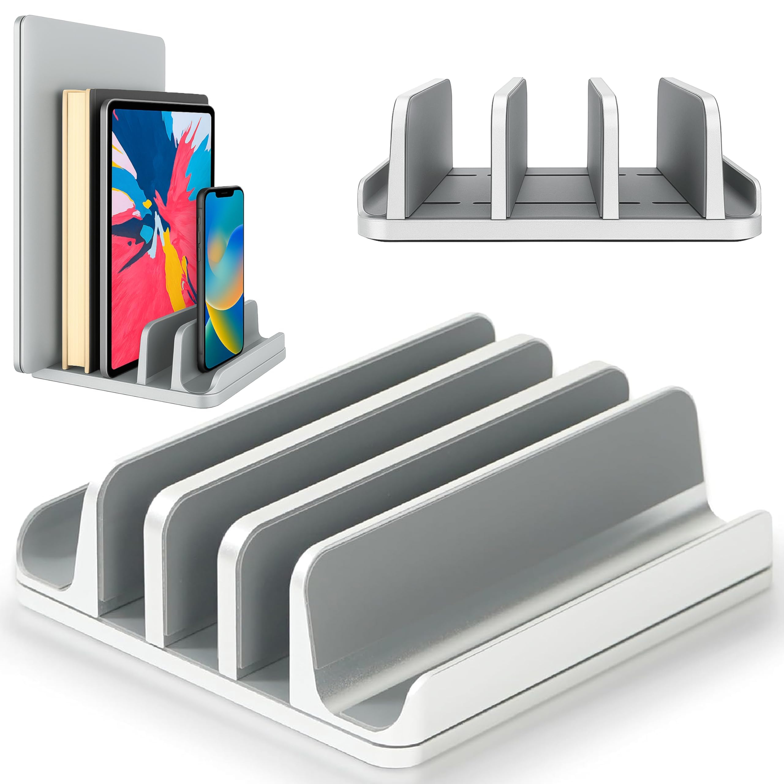 Soporte vertical ajustable para laptop, capacidad para 5 dispositivos, se adapta a todos los portátiles, tabletas y móviles de hasta 17.3 pulgadas, diseño vertical cerrado para uso en escritorio