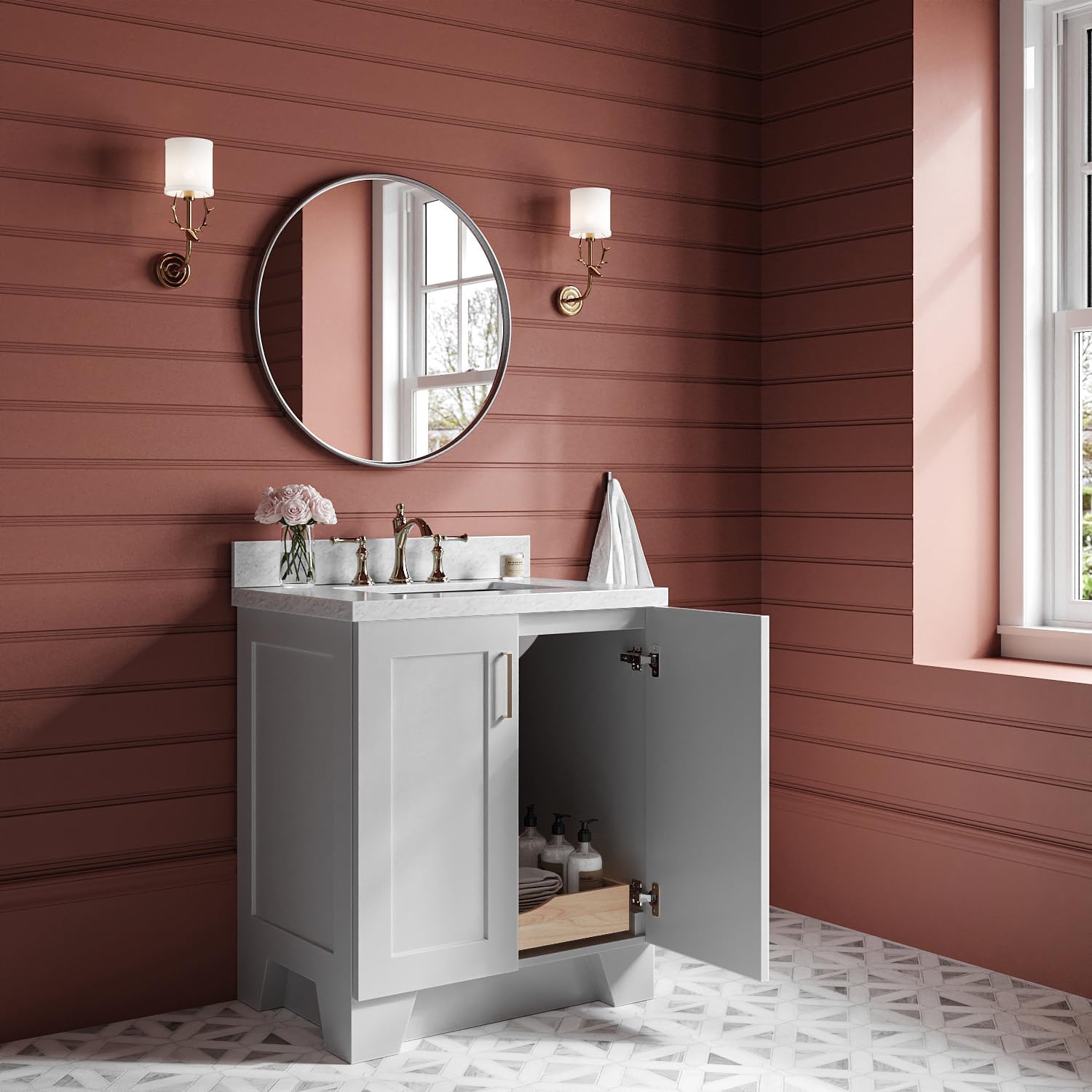 ARIEL Taylor 30-inch Bathroom Vanity with Sink,Solid Wood, 1.5-inch Italian Carrara Marble Countertop & Backsplash, Single Rectangular Porcelain Sink, 2 Soft Closing Doors, 1 Dovetail Drawers, Grey