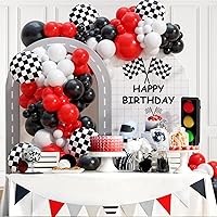 Vista 8 de Kit de arco de guirnalda de globos de auto de carreras, globos de látex rojo y blanco a cuadros negros para autos de carreras, dos decoraciones