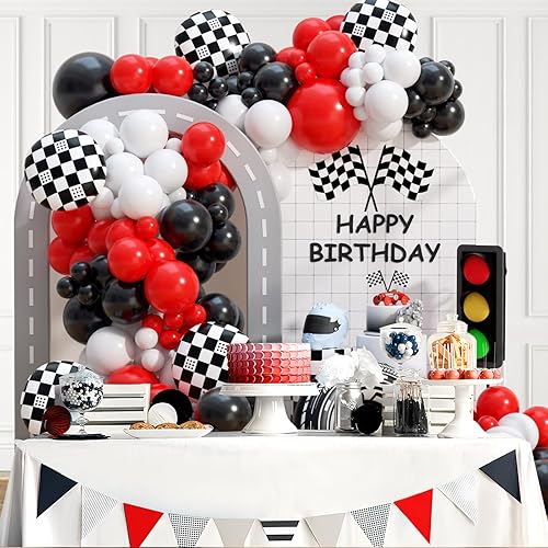 Vista 8 de Kit de arco de guirnalda de globos de auto de carreras, globos de látex rojo y blanco a cuadros negros para autos de carreras, dos decoraciones