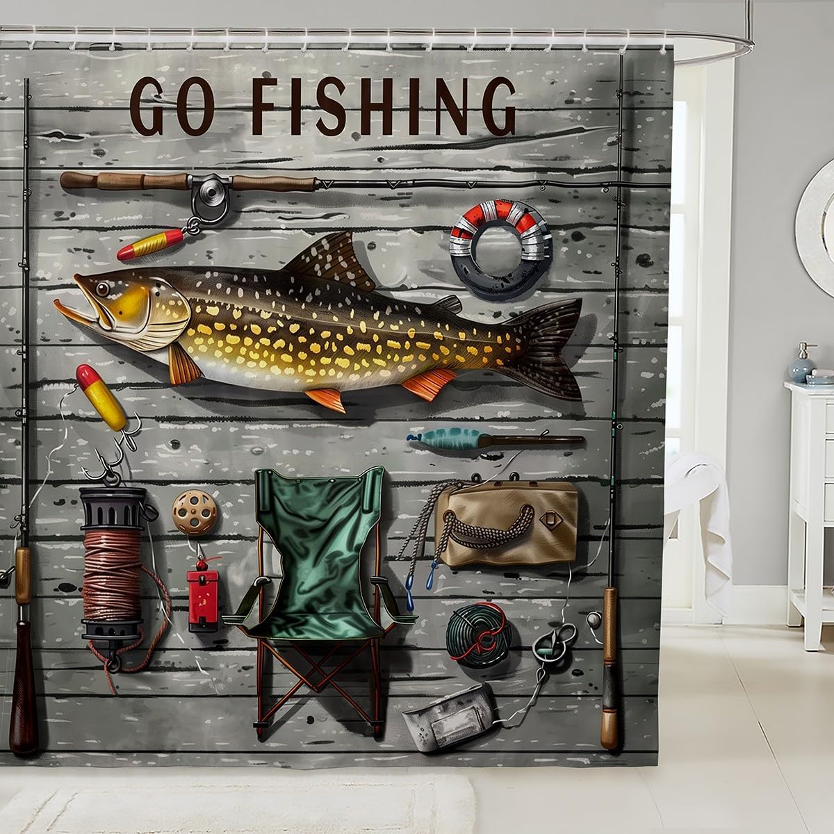 jejeloiu Big Pike Fish Bathroom Accessories 72"x84" Fishing and Hunting Shower Curtain for Bathroom Decor for Kids Boys Girls Decor Fisherman Bath Curtain Waterproof Polyester Fabric