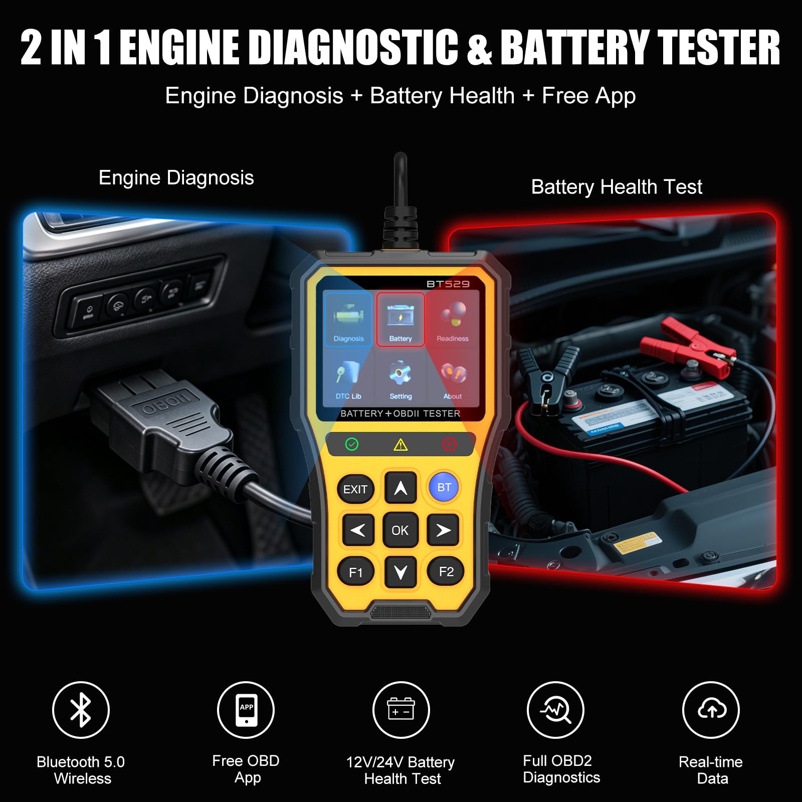 2 in 1 OBD2 Diagnostic Auto Valise Voiture Testeur Batterie
