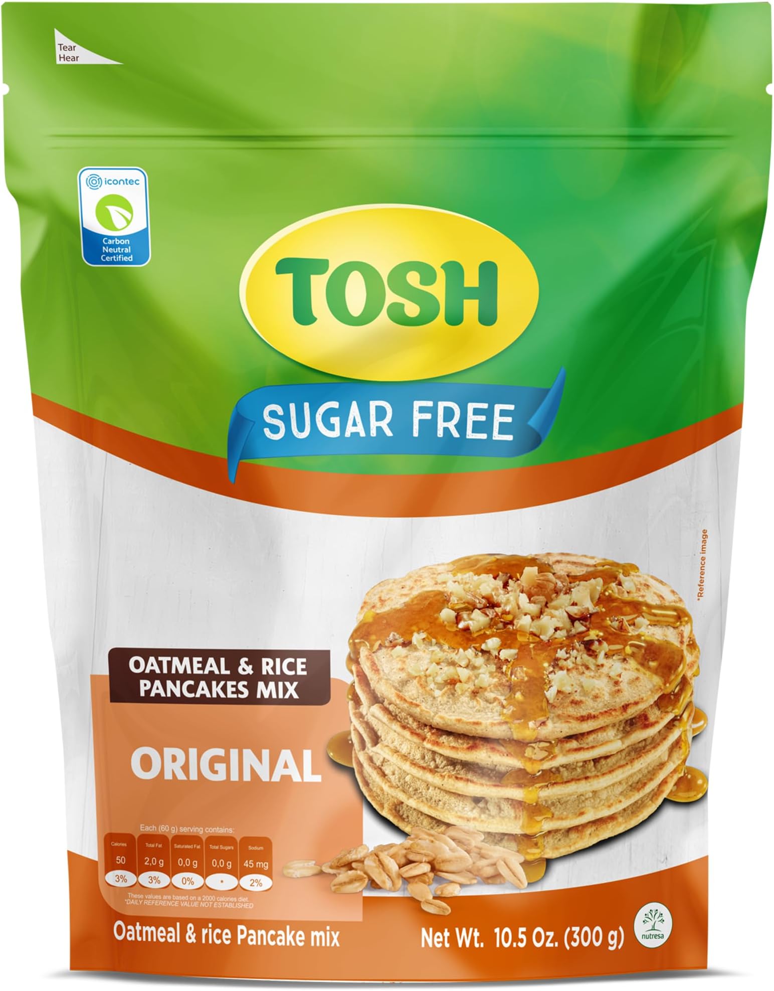 Tosh, Oatmeal & Rice Pancake Mix, Sugar-Free, High in Fiber and Protein, 10.5 Ounce, Pack of 1.
