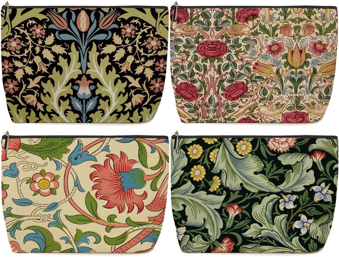 4 Pieces Makeup Bag Classic Flower Botanical Floral Aesthetics Skincare Bag Travel Toiletry Bag Makeup Pouch Cosmetic Bag Friendship Thank You Gifts for Women Aunt Girls Friends Bestie Manager Boss