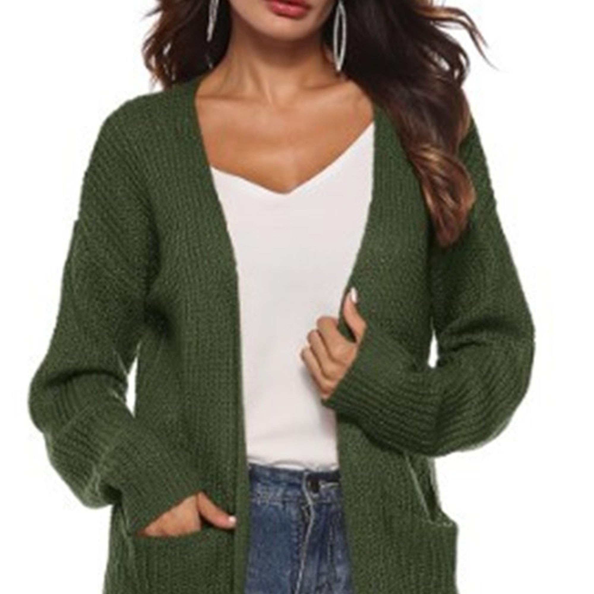 Womens Mesh Long Knee Length Cardigans Cable Knitted Open Front Outerwear Solid Color Sweater Coat with Pockets (X-Large,Army Green)