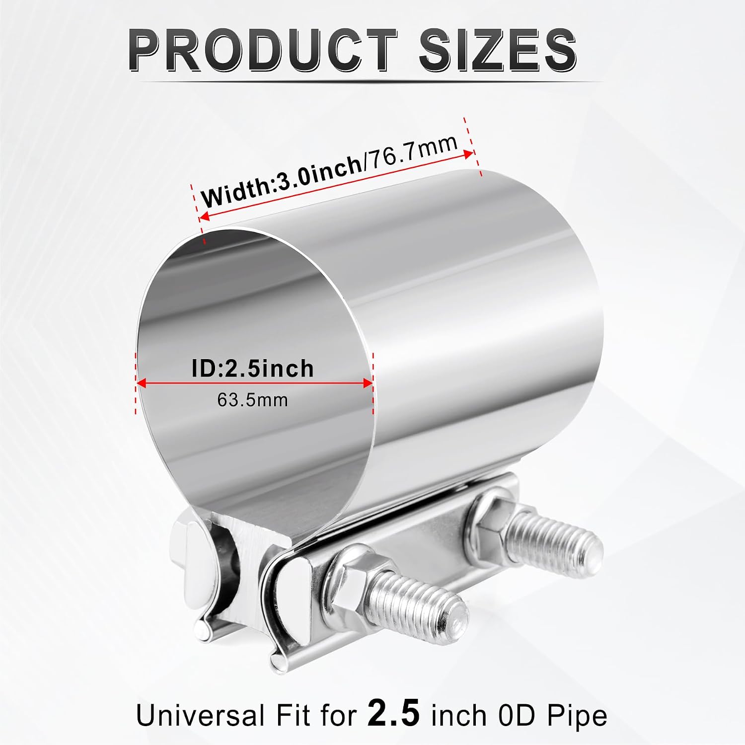 GaRhomxy 2.5 "Exhaust Clamp 304 Stainless Steel Heavy-Duty Lap Joint Band Clamp, Used for Mufflers, Catalytic Converters, Exhaust Pipes (2 Pack)