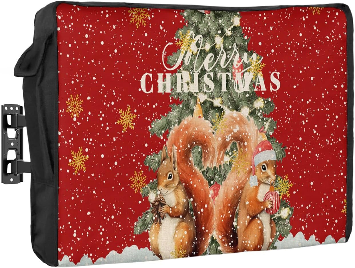 Outdoor TV Cover - Merry Christmas Squirrel with Xmas Trees Red Waterproof and Weatherproof 48"-50" LCD Movable Shield TV Display Screen Protector Outside Television Covers