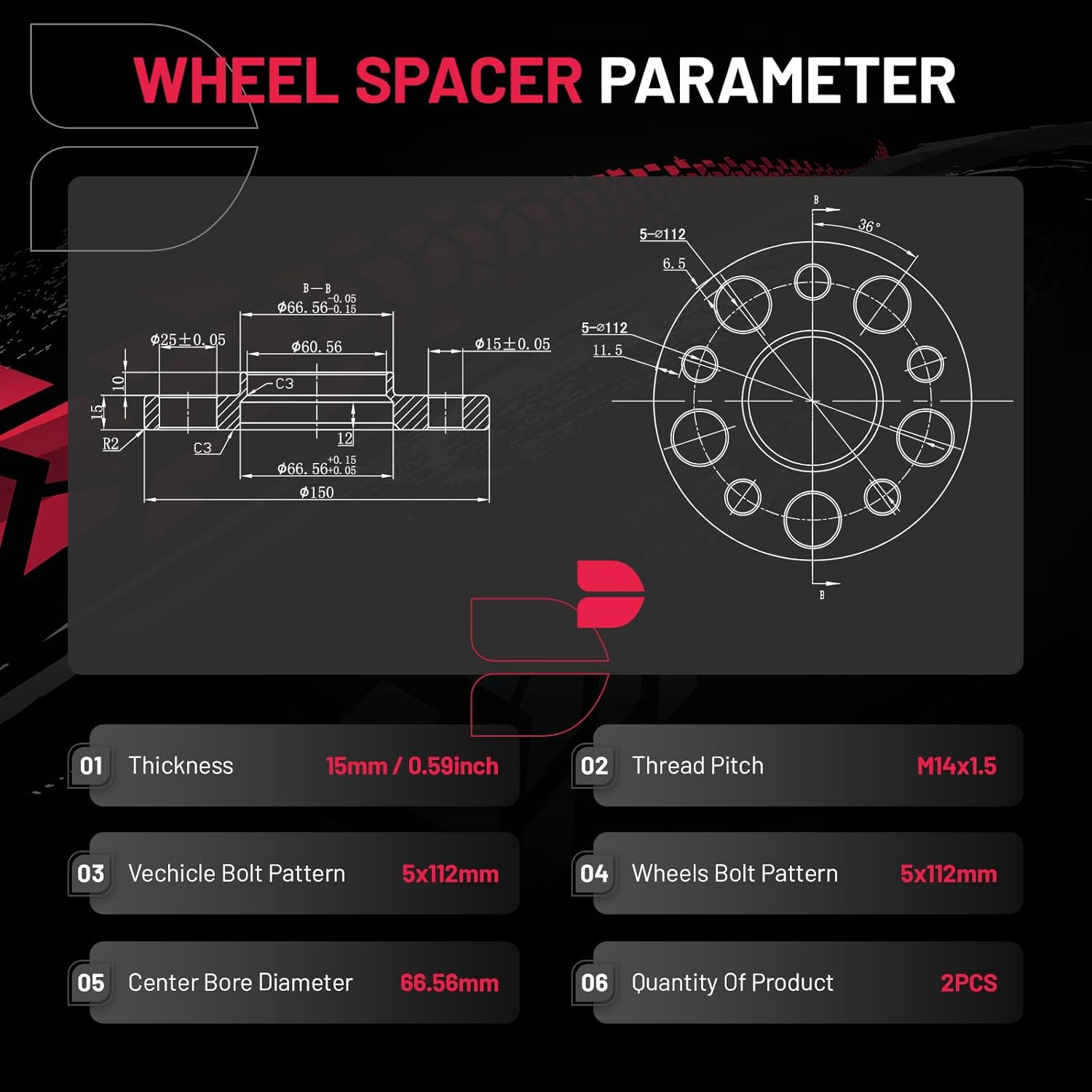 BDFHYK 5x112mm Wheel Spacers 15mm Hubcentric Wheel Spacer with Compatible with Audi A4 S4 A5 S5 A6 S6 A7 A8, Mercedes-Benz C200/C230/E320/E350, Forged 5 Lug Wheel Adapters 66.56 mm Hub Bore, Set of 2