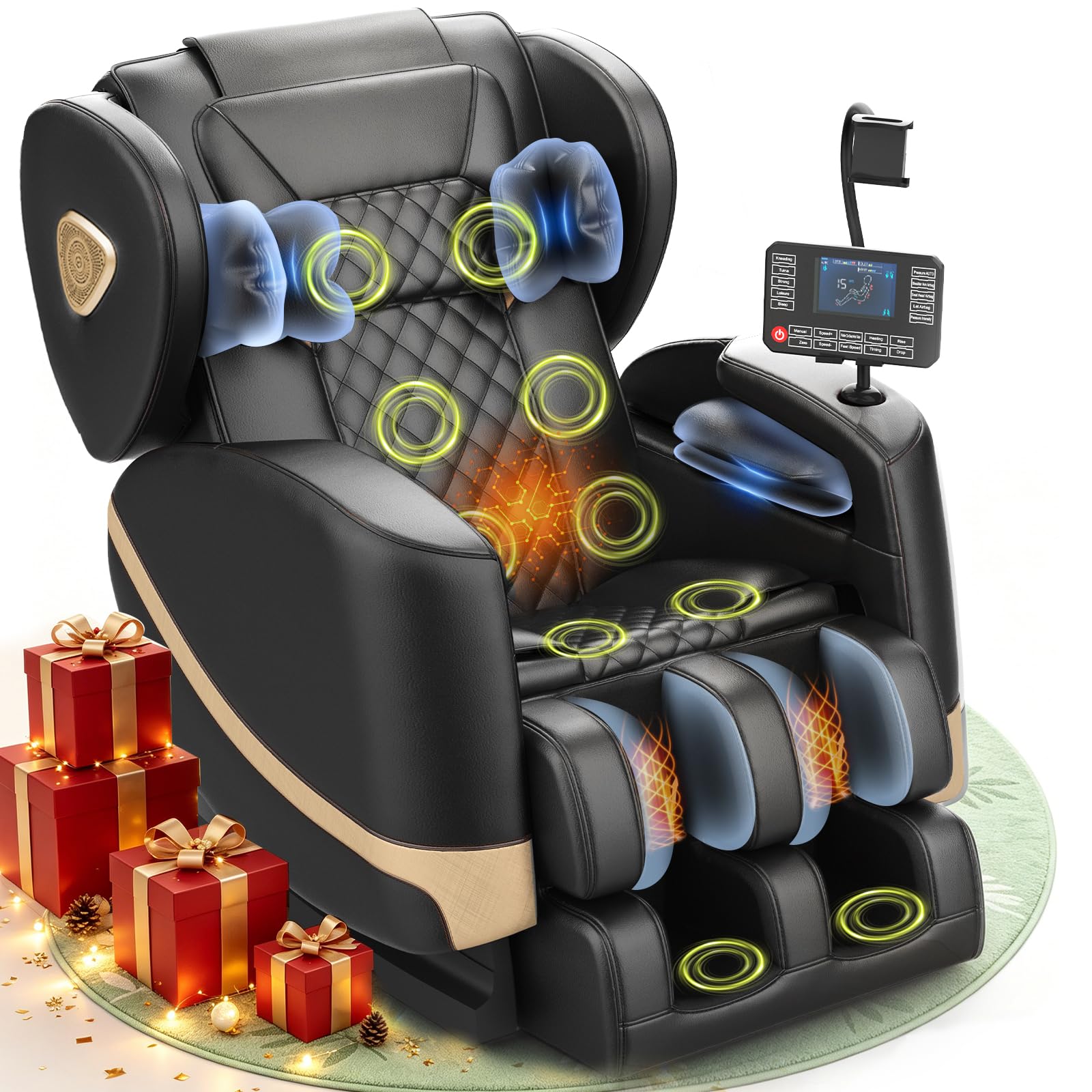 Massagesessel, Ganzkörper-Massagesessel mit Zero-Gravity, 14 Rollen und 8 Komfort-Airbags, Mit Heizfunktion für Taille und Beine Fußmassage, Bluetooth-Player und 2-in-1 Touchscreen (Schwarz)