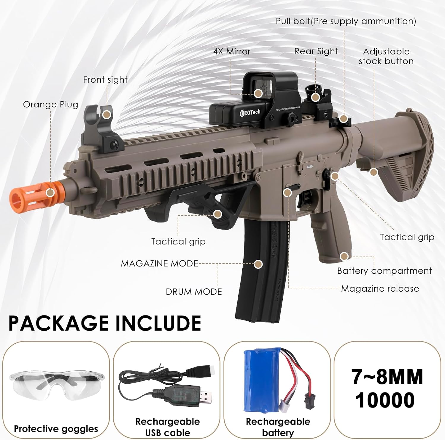 Gel Toy 90 Ft,150+ FPS Electric Full Auto Gel Outdoor Games Easter Toy with Drum Magazine and Goggles, Ages 14+ Years,Sand