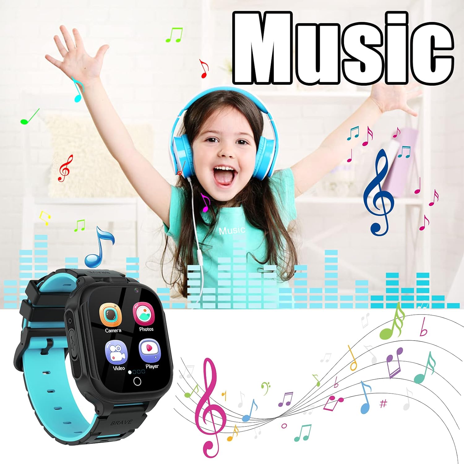 PTHTECHUS Smart Watch S23 showing music notes and a child listening to music with headphones.