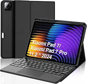 Capa Smart Case Com Teclado – Teclado ABNT2 com Touchpad, Conexão Bluetooth, Capa Magnética Suporte, Couro PU (Preto) - Compativel com Xiaomi Pad 7/7 Pro