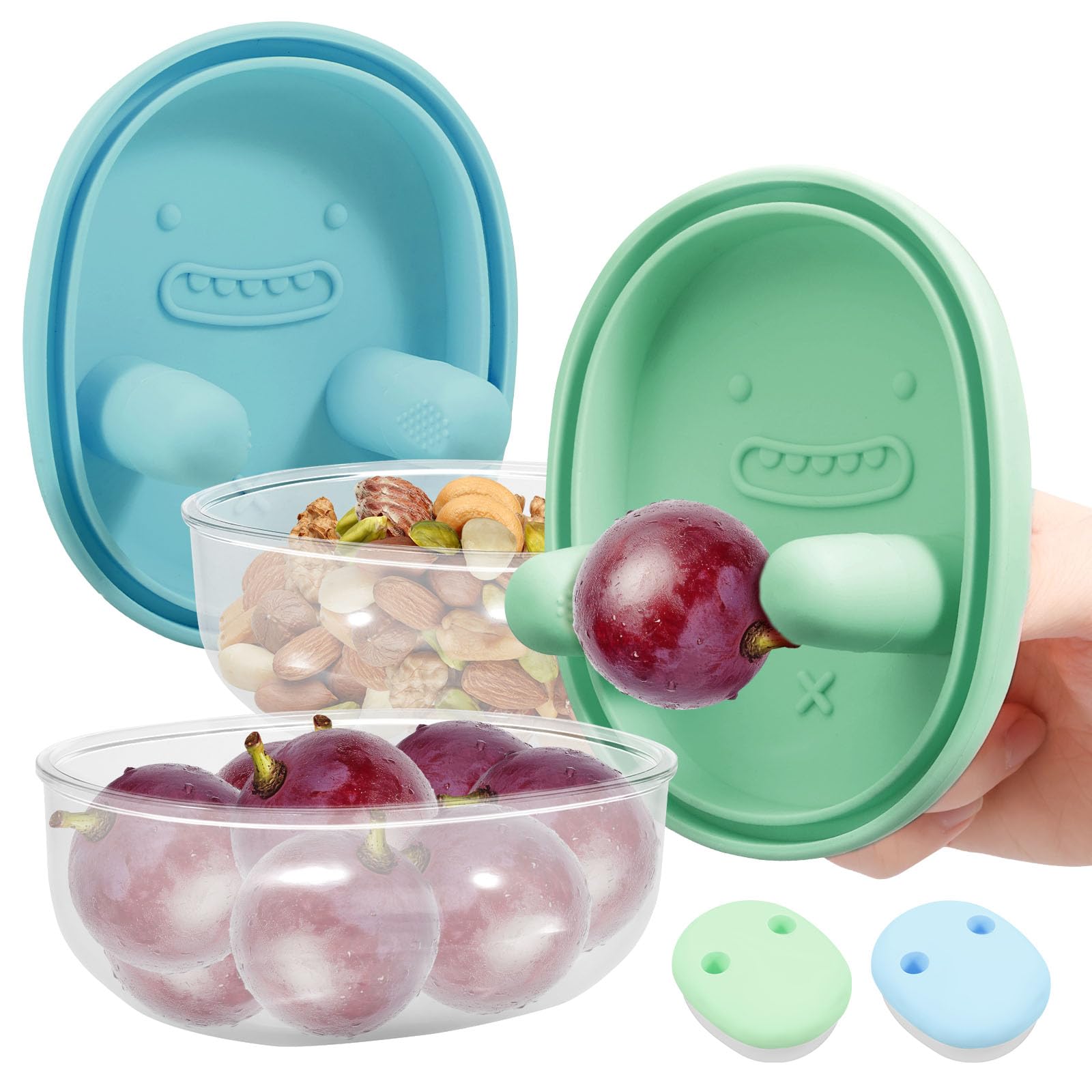 2 Pcs 2-in-1 No-Mess Snack Container with Fingertip Cover, Portable Fruit Storage Box with Silicone Lid, Leakproof Finger Snack Cup for Cookies, Nuts and Veggies, Travel & School Friendly (Blue+Green)