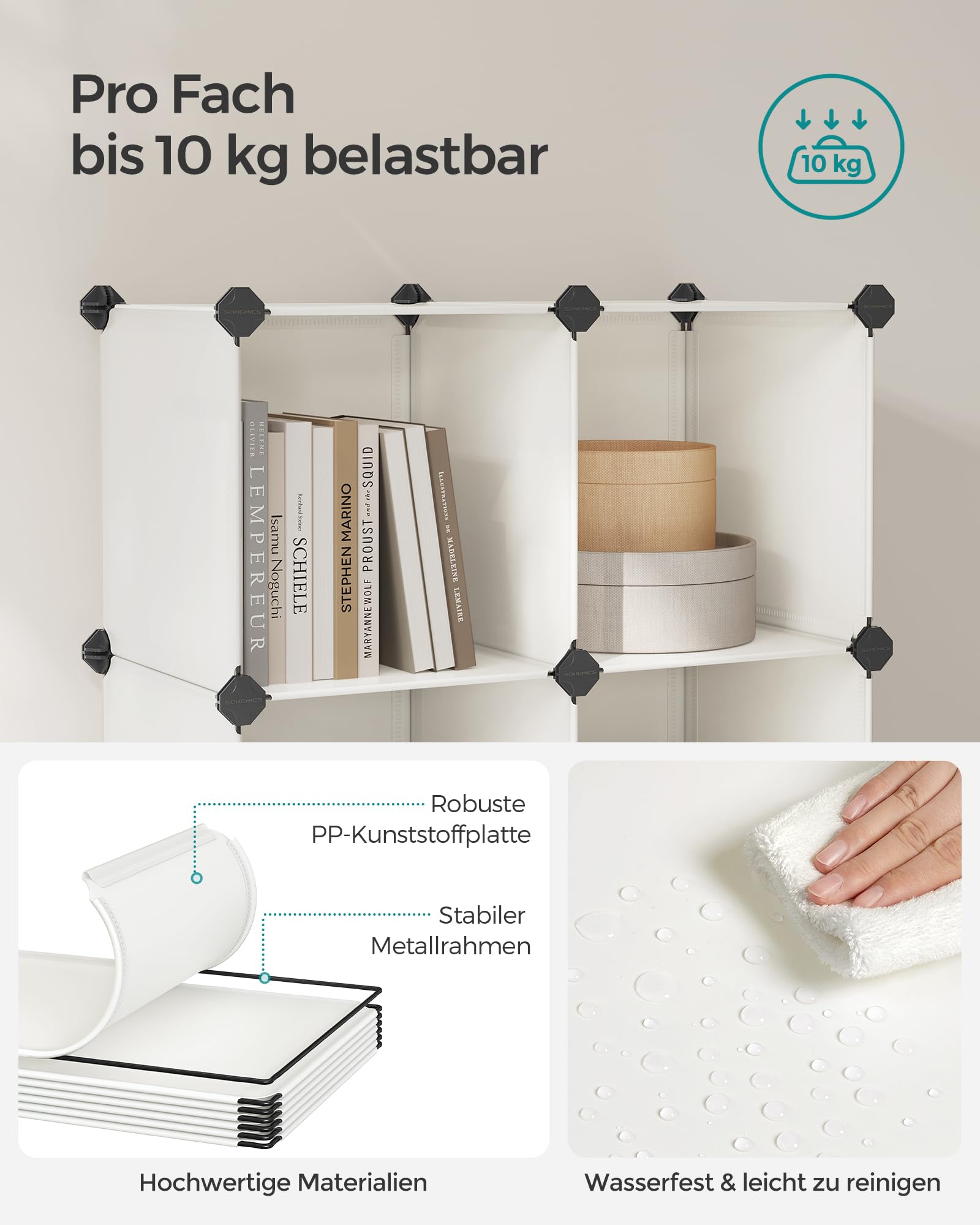 SONGMICS Schuhregal, Regalsystem, Steckregal, Set aus 6 Würfeln, DIY Regal, stapelbar, aus PP-Kunststoff, als Garderobe, für Schlafzimmer, Büro, 31,5 x 64 x 97,2 cm, cremeweiß LPC111M01
