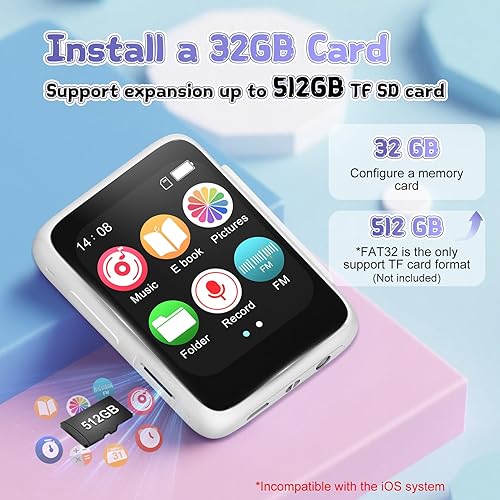 Miniatura 3 de Reproductor de MP3 Bluetooth para niños con auriculares, altavoz integrado, Bluetooth 5.3, 512 GB expandible, radio FM, grabadora de voz, lector de