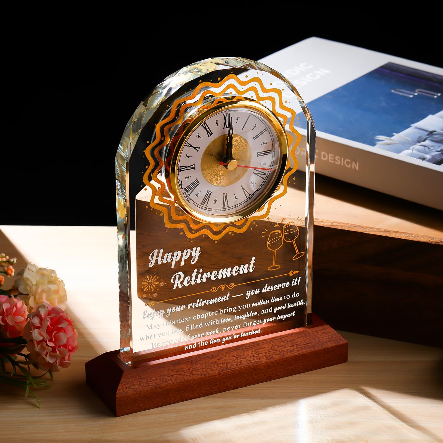 K9 - Reloj de cristal para jubilación para mujeres y hombres, con base de madera y grabado láser, recuerdo inspirador de 6.5 x 8.5 pulgadas para profesores, enfermeras, médicos, jefes