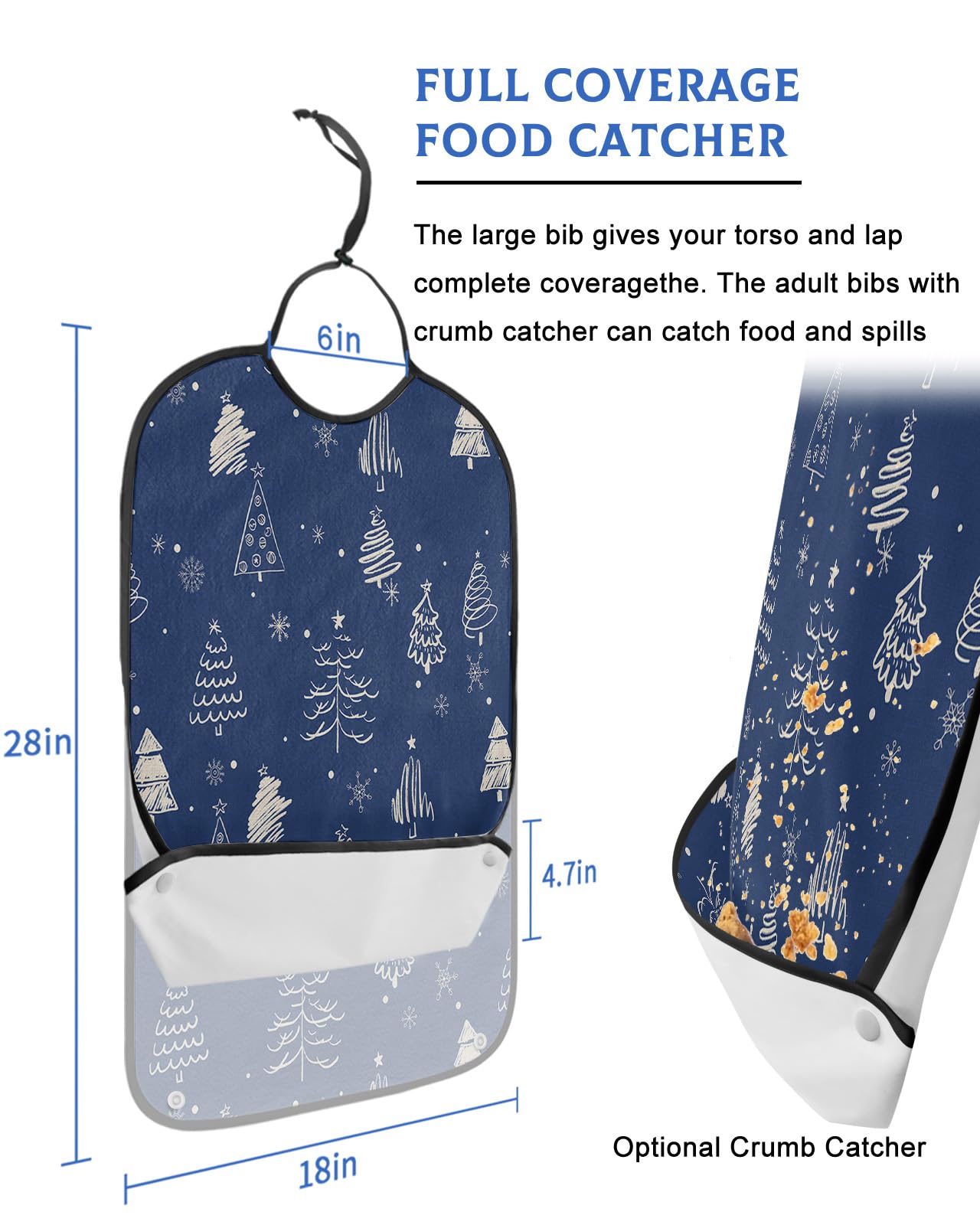 Adult Bibs for Elderly Women - Christmas Tree Waterproof Dining Clothing Protectors with Crumb Catcher for Eating/Feeding, Xmas Tree Winter Snowflake Navy Blue Terry Cloth Bib Machine Washable