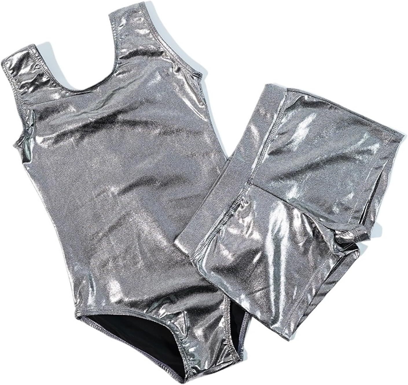 Sleeveless Shiny Girls Gymnastic Dance Trainingwear Tank Leotard With Short Suit