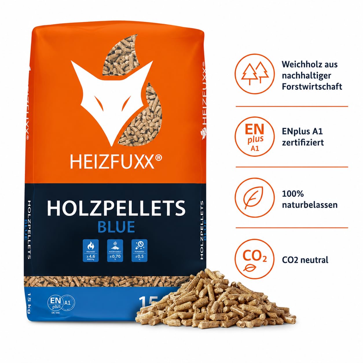 HEIZFUXX Blue ENplus A1 Holzpellets Weichholz 15kg x 20 Sack 300kg Palette