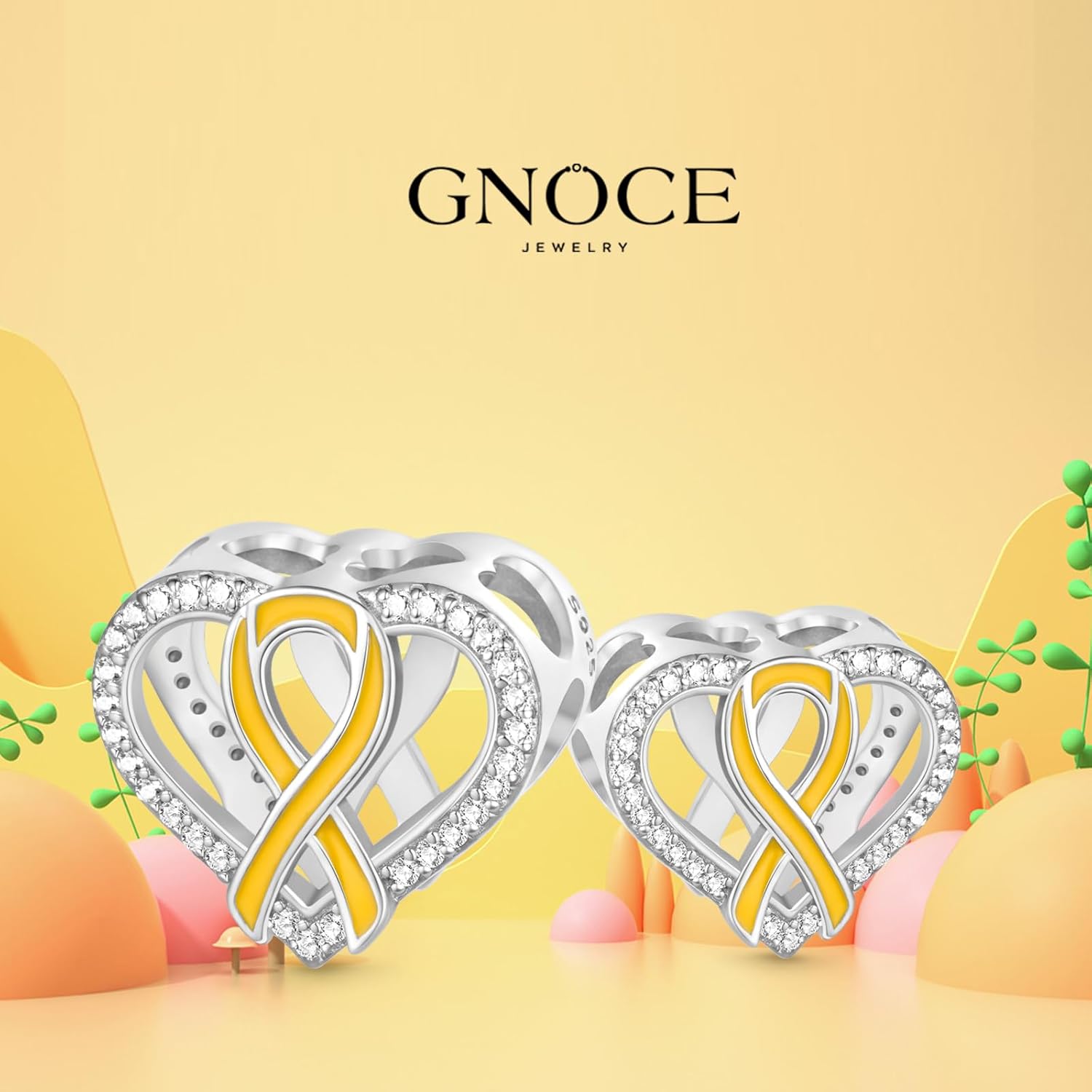GNOCE Endometriosis Awareness Yellow Ribbon Charm Sterling Silver Bead Charm Fit Bracelet/Necklace for Women Wife/Jewelry Gift