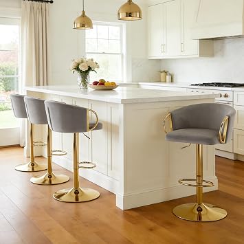 Gold Bar Stools Set of 4, Modern Adjustable Swivel Counter Stools with Arms, Velvet Contemporary Barstools Upholstered Bar Height Chairs for Kitchen Island, Dining Room, Cafe, Grey