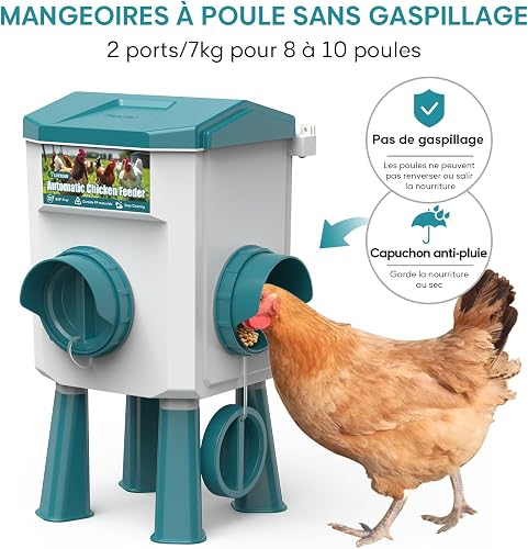 CHAMUTY Mangeoire Poules Anti Nuisible, Abreuvoir Poules Automatique 7 litres avec Pieds, Flotteur Filtré, Tuyau en Acier Inoxydable de 1,5 m, Distributeur Eau Automatique - 2