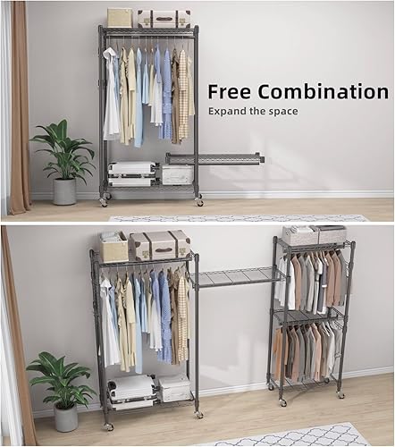 Vista 13 de Perchero de ropa resistente, perchero ajustable con estantes, armario independiente, 1 barra para colgar ropa, 3 estantes de alambre cansados, 4